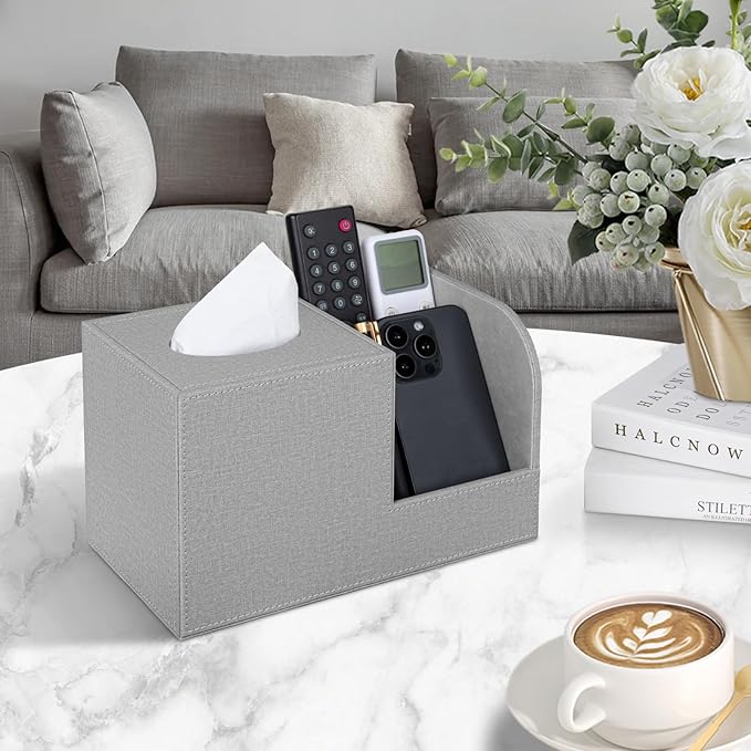 PU Leather Tissue Box Cover with Remote Control Holder, Square Tissue Box Holder for Living Room Bathroom Office (Grey)