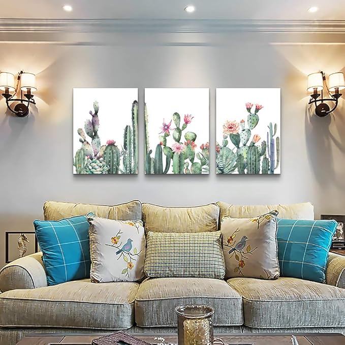 Canvas Wall Art For Living Room Bathroom Wall Decor For Bedroom Kitchen Artwork Canvas Prints Green Succulent Cactus Painting 16" X 24" 3 Pieces Modern Framed Office Home Decorations Family Picture