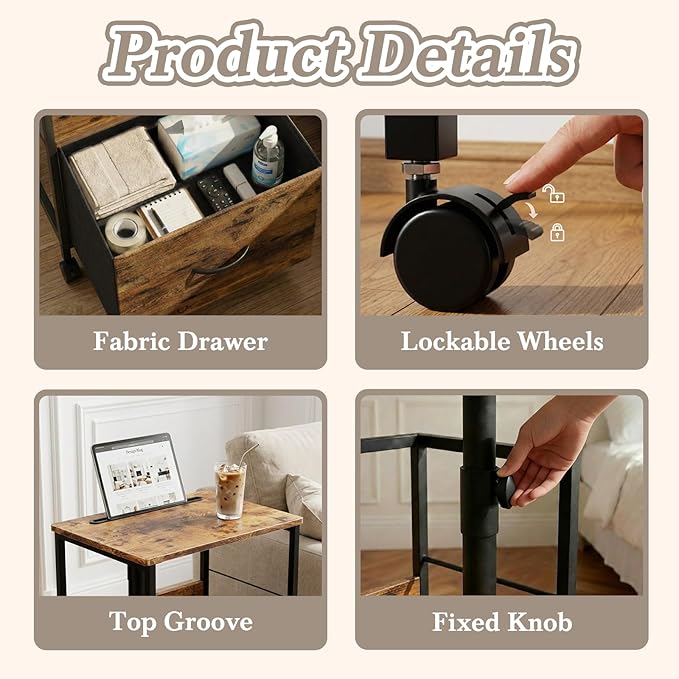 360° Swivel Nightstand with Height Adjustable, Lift Top Bedside Table with Charging Station, Rolling Night Stand with Fabric Drawer, End Table with Wheels, for Bedroom, Living Room, Rustic Brown