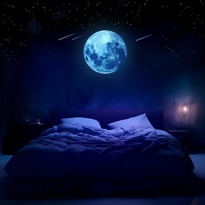 iinuu Glow in The Dark Moon, Moon Wall Decals, Galaxy Stickers, Realistic Starry Night (Blue), Ap-wd180