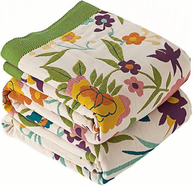 Spring Boho Throw Blanket,100% Cotton Muslin Blankets for Bed,Cozy Floral GreenThrow Blanket,Reversible Bohemian Throw Blankets for Couch,Farmhouse,Golden Phoenix,60"x80"