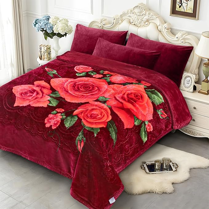 JYK Korean Mink Fleece Bed Blanket King Size 83'' x 91'', 5.7 Pounds - 2 Ply Reversible Silky Soft Plush Warm, Thick, Heavy, Comfy Flannel Blanket for Autumn, Winter -Rose/Virgin Mary