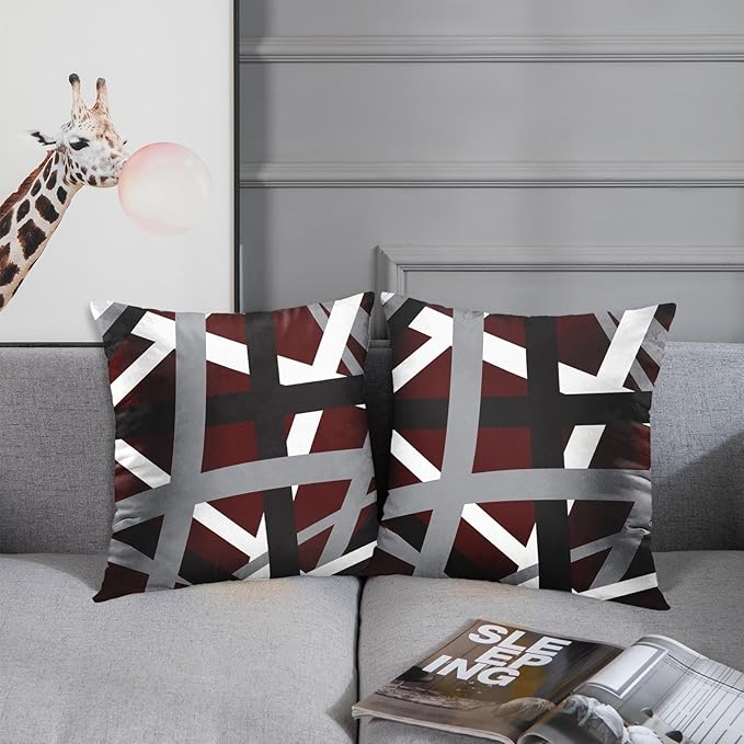 Emvency Set of 2 Throw Pillow Cover Burgundy Red Black Stripes Grey White Design Retro Decorative Pillow Case Striped Home Decor Square 18x18 Inch Cushion Pillowcase