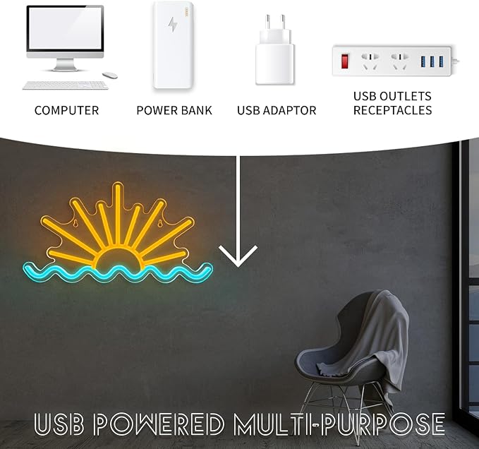Sunset Neon Sign Sun Wave Neon Signs for Wall Decor USB Powered Led Neon Light Sign forBedroom, Beach Bar, Party, Man Cave, Living Room,Dimmable Led Sign