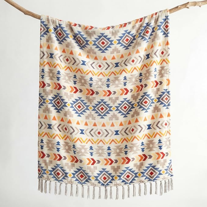 CASAAGUSTO Boho Throw Blanket - Colorful Decorative Blankets with Tassel, Printed Flannel Bohemian Blanket for Chair, Bed, Sofa, Couch(60 * 80, Colorful)