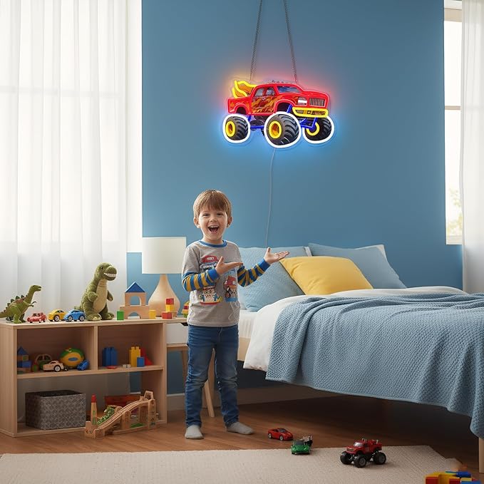 Monster Truck Neon Sign for Wall Decor, LED Dimmable Light for Boys Kids Room, Holiday Birthday Christmas Gift Decoration, 16.5 x 10 in