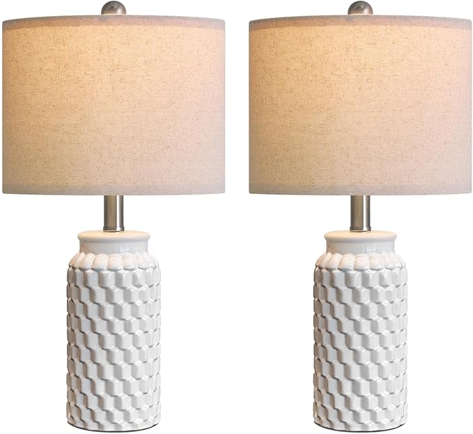 20.5" Small Bedside Lamps Set of 2 with 5FT Cord, White Ceramic Modern Farmhouse Table Lamps for Nightstand, Living Room, Bedroom, 3D Honeycomb Stylish End Table Lamps(Bulb Not Included)