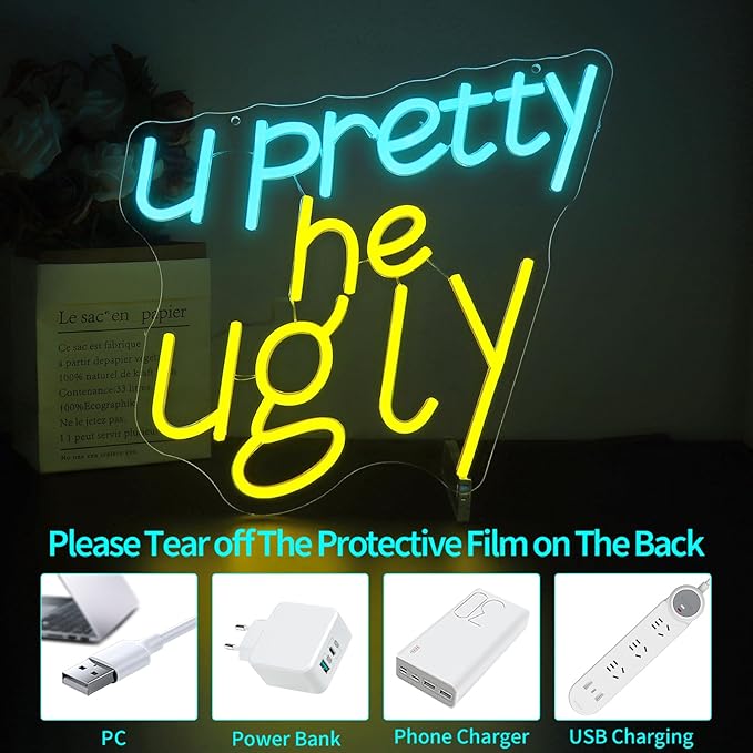 U Pretty, He Ugly Neon Sign, Dimmable Neon Signs for Wall Decor, Beer Bar Signs for Man Cave, Room Home Decor, Led Sign - USB Powered