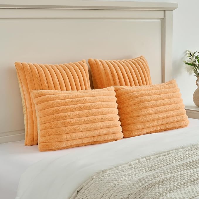 FUTEI Orange Decorative Throw Pillow Covers Set of 2, 12x20 Inch Soft Fluffy Faux Fur Plush Striped Lumbar Pillowcases, Modern Home Decor for Couch Bed Living Room