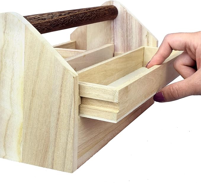 Ikee Design Small Natural Wood Color Wooden Craft Tool Box Caddy with a Handle for Storage Tool, Makeup, Collections with 5 Compartments for Storage and Organizing, 10 W x 5.1 D x 3.5 H in