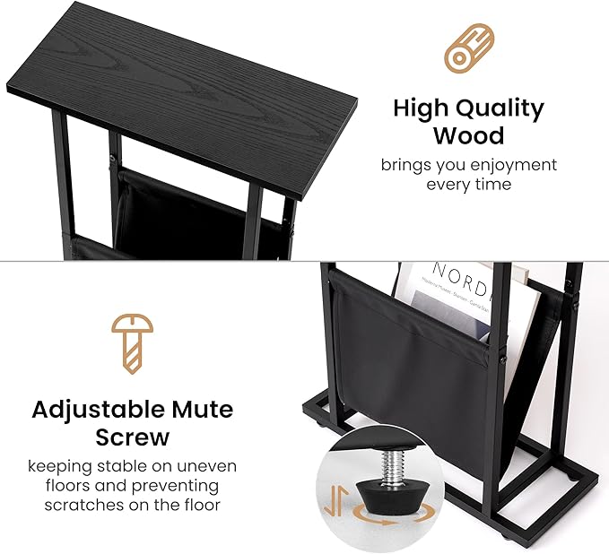 Narrow Side Table for Small Place,Metal Table with PU Leather Bag,Slim Nightstand for Reading Or Storage,Sofa Side Table for Living Room,Bedroom,Black