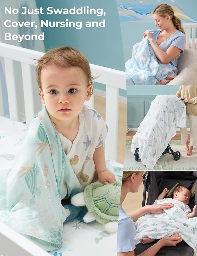 Momcozy Muslin Swaddle Blankets, 4-Pack Breathable and Skin-Friendly Receiving Blankets, Best Wishes Swaddle Blanket Shower Gifts & Baby Registry Essentials, Large 47"x47", Ocean Pixie Dream