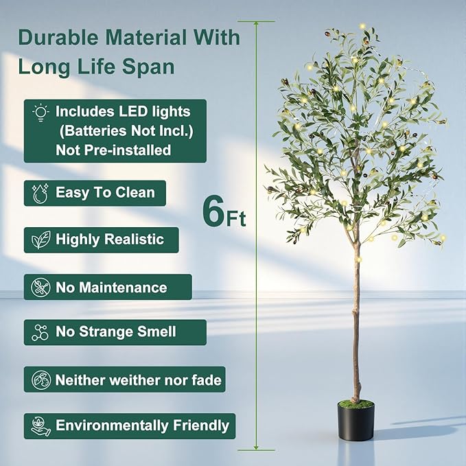 Olive Tree, 6FT Tall Faux Olive Tree with Moss and Planter, Olive Trees Artificial Indoor with Realistic Wood Trunk and Lifelike Fruits, Fake Tree for Home Office Living Room Decor