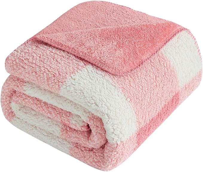 LURKA Checkered Sherpa Fleece Throw Blanket – Soft and Cozy, Medium Weight for All Season, Plush Throw for Couch, Bed, Dorm & Pets, Powder Pink, 60x80 Inches