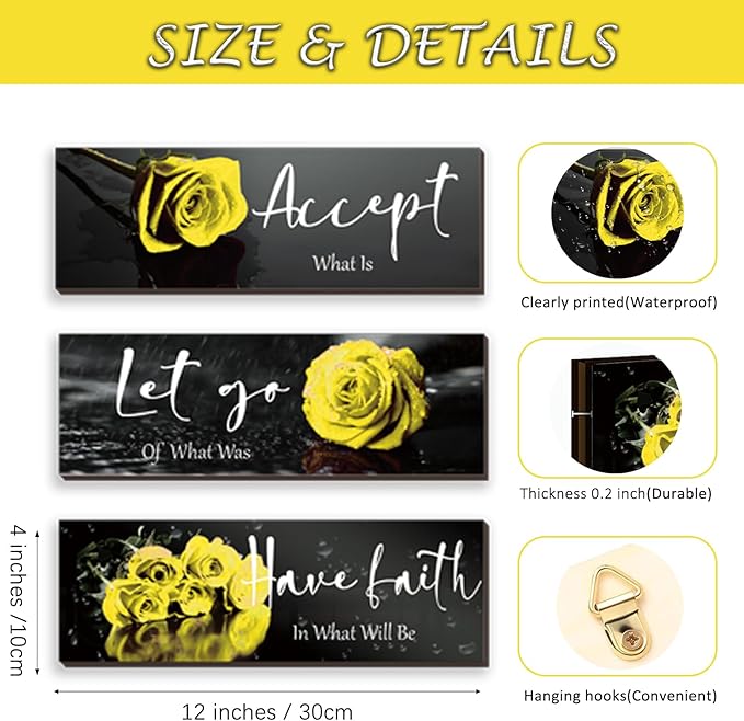 ZINYAZHE 3 Pcs Yellow Wall Decor Inspirational Yellow Rose Bathroom Wooden Wall Art Office Wall Decor With Accept Let Go Have Faith Quotes For Girl Women Bathroom Bedroom(yellow 12 X 4 Inch)