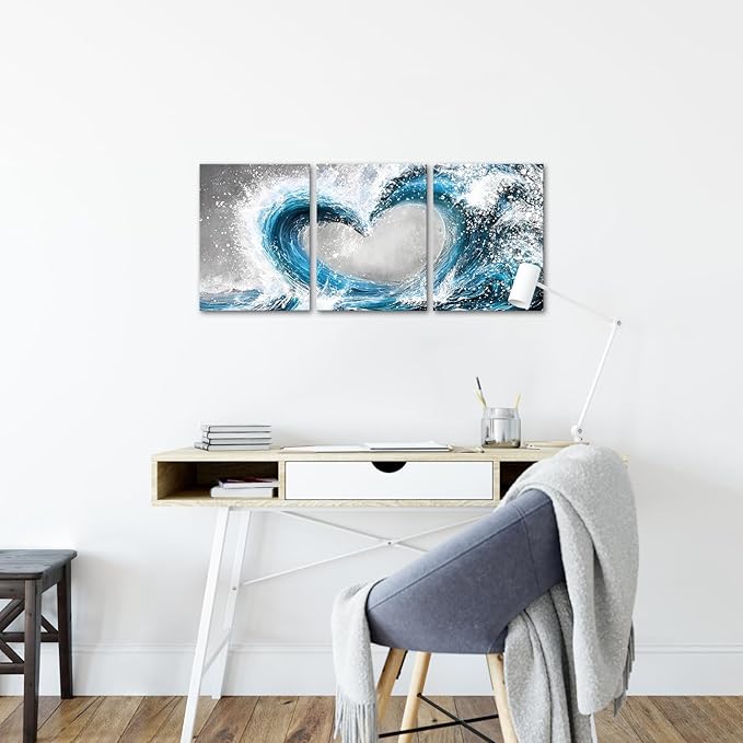 HOMEOART Bedroom Wall Art Ocean Wave Painting Love Sign Wall Decor Framed Artwork Bathroom Bedroom Living Room Decor (Blue)