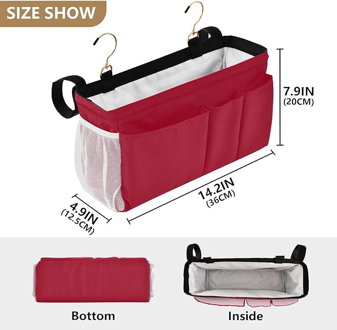YETTASBIN Red Bedside Caddy Hanging Storage Organizer Bag with 2 Straps & Hooks for Bunk Beds, College Dorm, Hospital Bed - Holder for Books, Phone, Magazine, Glasses, Keys