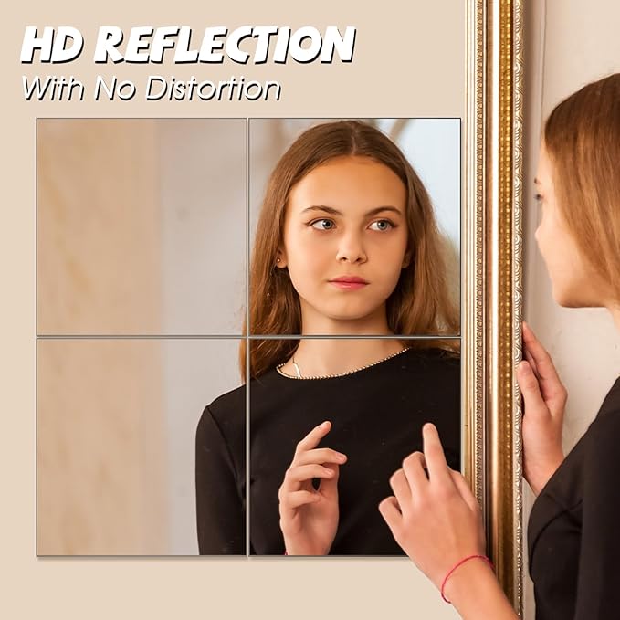 VASUHOME Glass Full Length Wall Mirror Tiles- 12x12 Inch- 8PCS Frameless Full Body Mirror for Home Gym, Bedroom, Living Room - Versatile Wall Mirror with Unrivaled Clarity
