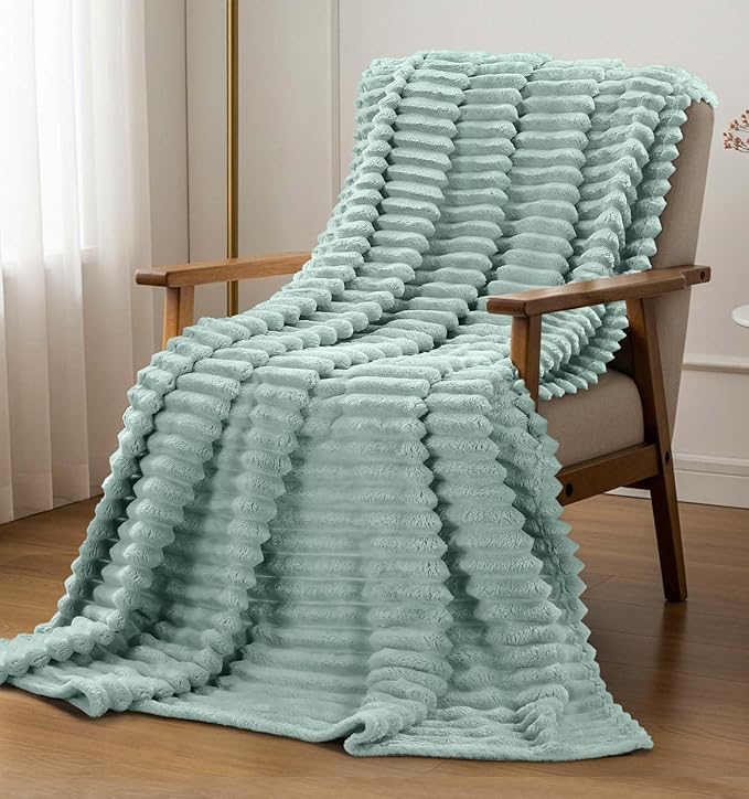 Utopia Bedding Sage Green Striped Fleece Blanket Throw Size – Fluffy, Warm & Lightweight Ribbed Throw for Bed, Sofa & Chair - Soft Cozy Blanket for Home Décor & Gifting (50x60 Inches)