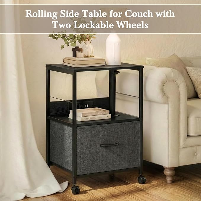 360° Swivel Nightstand with Height Adjustable, Lift Top Bedside Table with Charging Station, Rolling Night Stand with Fabric Drawer, End Table with Wheels, for Bedroom, Living Room, Black Gray