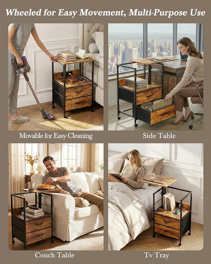 360° Swivel Nightstand with Height Adjustable, Lift Top Bedside Table with Charging Station, Rolling Night Stand with 2 Fabric Drawers, End Table with Wheels, for Bedroom, Living Room, Rustic Brown