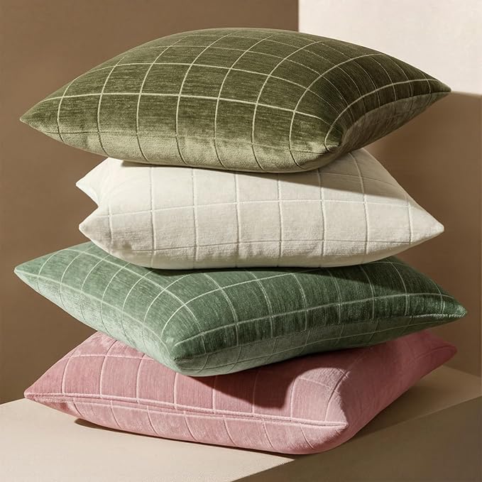 MIULEE Decorative Chenille Check Throw Pillow Covers Vintage Plaid Couch Pillows 20x20 Inch Set of 2 Neutral Boho Farmhouse Cushion Covers Modern Home Decor for Sofa Bed Living Room Olive Green