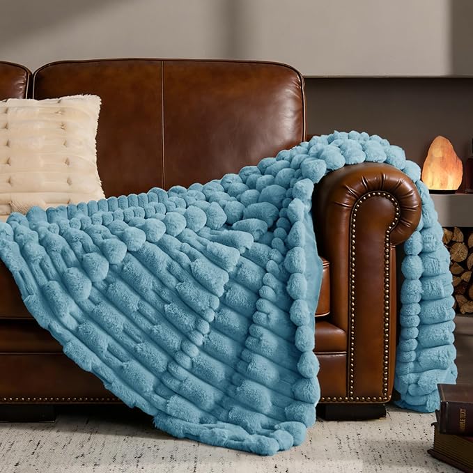BEDELITE Faux Fur Throw Blanket for Couch - Super Soft & Cozy Plush Striped Blanket for Sofa and Room Decor, Luxury Fluffy All-Season Blankets Gift for Women, Men, Mom, Dad, 50x60 inch, Light Blue