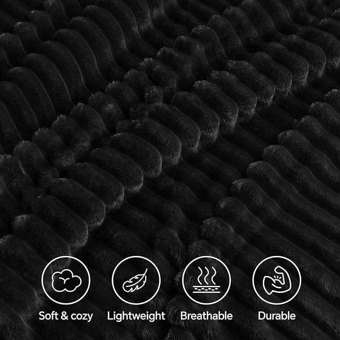 INFIIXSO Sherpa Fleece Queen Size Blanket - Super Soft & Warm Striped Fleece, Cozy Plush Fluffy Large Bed Blanket All Season Use (Black, 90x90 Inches)