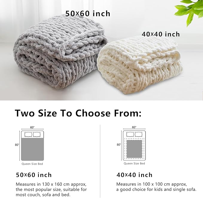 WESHIONGOO Chunky Knit Throw Blanket 51"×63" Knitted Throw Blankets for Couch Bed Fluffy Soft Blanket with Jumbo Chenille Yarn Thick 100% Handmade (Cream White)