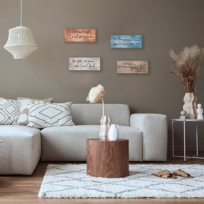 ZONWUTHY 4 Pieces Bible Verses Wall Decor Rustic Wooden Christian Signs Farmhouse Religious Decor for Home Motivational Prayer Wall Art for Living Room Office Bedroom Bathroom(Farmhouse,10x4)