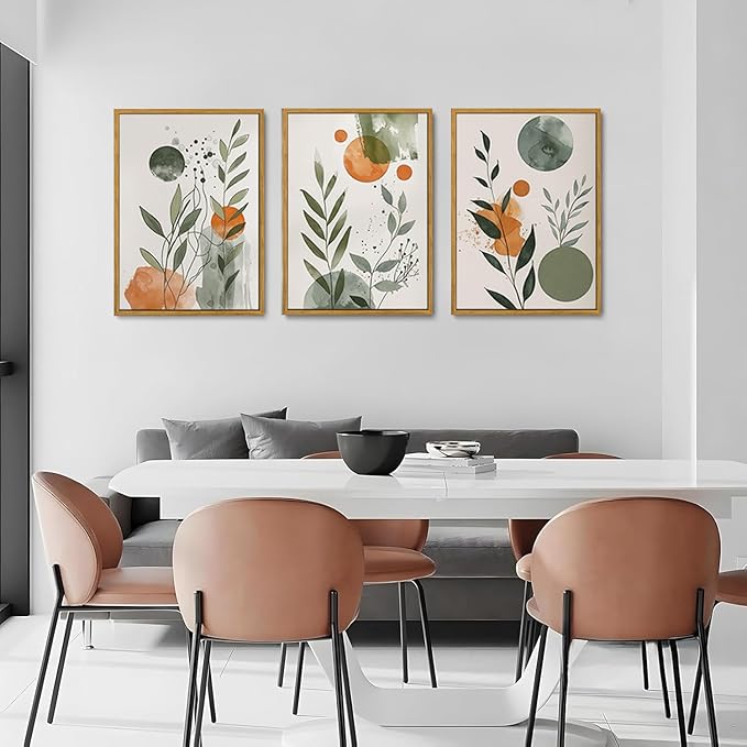 Wodkwq 3 Piece boho Abstract Botanical Canvas Wall Art Framed,Minimalist Watercolor Wall Art,Modern Nordic Wall Decor,Orange Sage Green Prints For Living Room,Bedroom,Office 12x16in