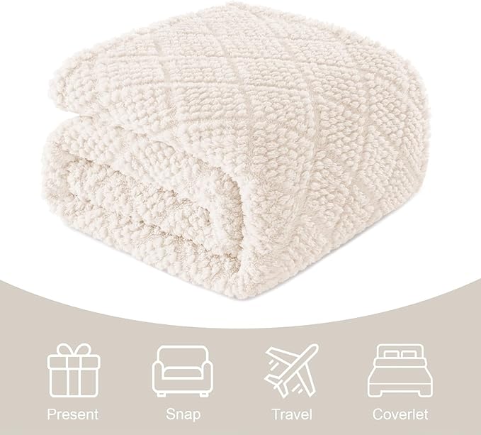 Whale Flotilla Fuzzy Fleece Throw Blanket for Couch, Bed, Soft Fluffy Jacquard Waffle Blankets for All Season, Lightweight and Warm, 50x60 Inch, Ivory