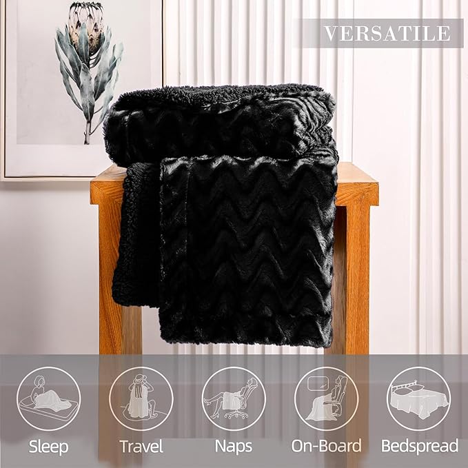 Whale Flotilla Faux Fur Sherpa Twin Size Blanket for Bed, Cozy Reversible Fuzzy Fluffy Plush Blankets for All Season, Warm and Soft, 60x80 Inch, Black