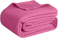 100% Cotton Blankets for Bed - Waffle Weave Blankets for Summer, Lightweight and Breathable Soft Woven Blanket for Spring (Pink, Queen (90" x 90"))