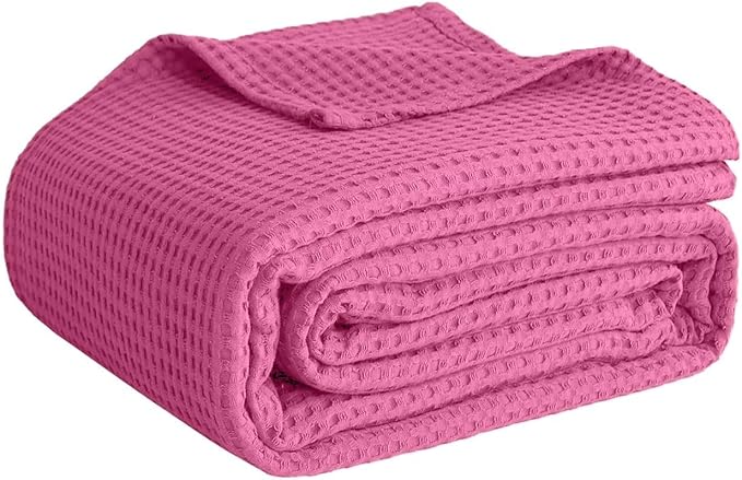 100% Cotton Blankets for Bed - Waffle Weave Blankets for Summer, Lightweight and Breathable Soft Woven Blanket for Spring (Pink, Queen (90" x 90"))