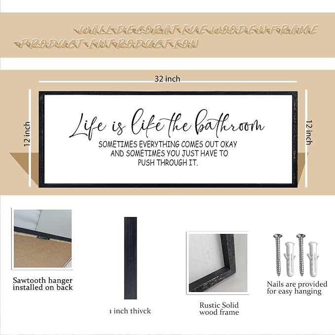 comurdyo Funny Motivational Life Is Like The Bathroom Humorous Wall Decor Art 32"×12" for Farmhouse Bathroom Restroom Toilet Shelves Sign Large Modern Rustic Wooden Framed Wall Hanging (Black)