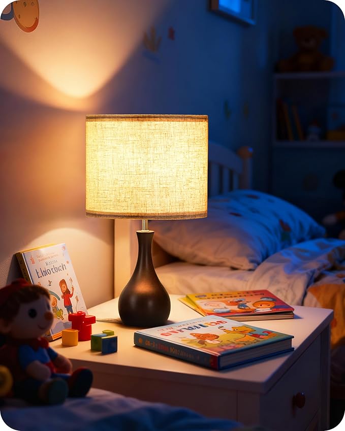Small Table Lamp, 14.2" Cute Little Desk Lamp, Wood Bedside Lamp with Linen Lampshade, Modern Nightstand Lamp for Bedroom, E26 Base, Bulb Not Included, Beige & Dark Walnut STE09TL05