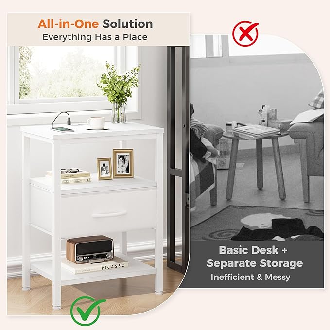 DUMOS Bedside Table with Charging Station and Adjustable Fabric Drawer Compact Nightstand 3-Tier Storage Organizer End Table for Bedroom,White