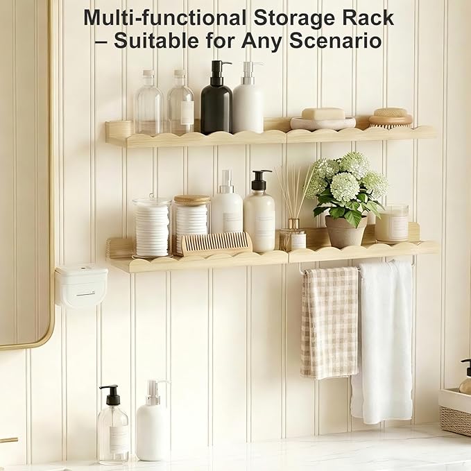 Fixwal Nursery Book Shelves, 16.5 Inch Floating Bookshelves for Wall Set of 4, Scalloped Wall Book Shelves with Towel Rack for Kids, Toddler Room, Baby Room, Nursery Decor and Storage(Natural Wood)
