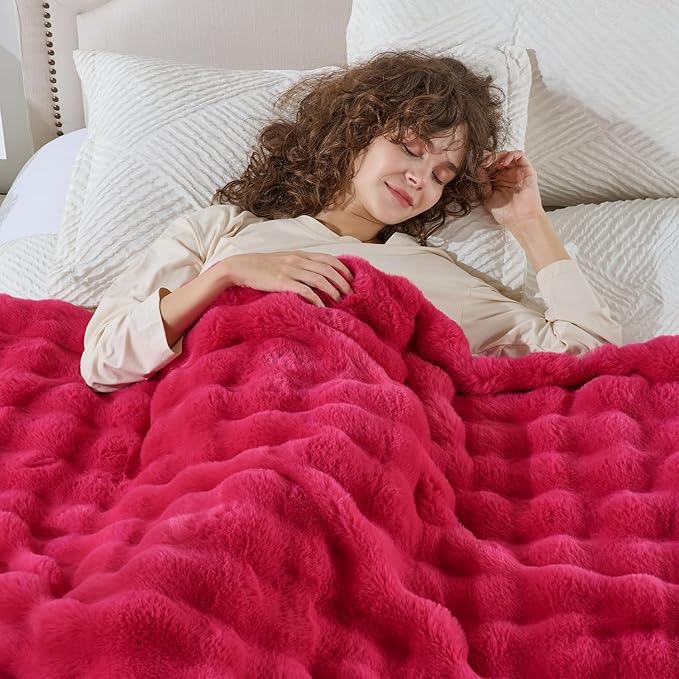 Krifey Hot Pink Bubble Blanket for Women, Soft Cloud Touch Throw for Dorm Bed, Cozy Fuzzy Plush Thick Warm Blanket, Faux Rabbit Fleece, Christmas Birthday Gifts for her Girls Mom, Room Decor, 60x80in