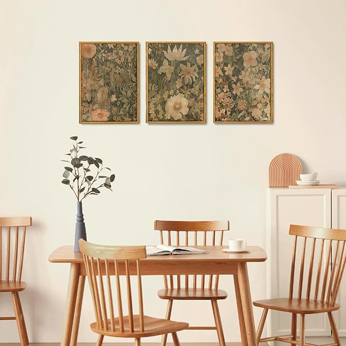 Wodkwq 3 Piece Vintage Floral Wall Art Framed,Neutral Wildflower Wall Art,Mid Century Modern Botanical Prints,Retro Plant Art,For Bedroom,Living Room,Office 16x24in