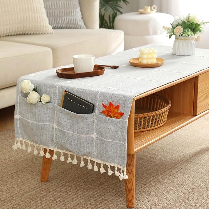 SIELUNO Coffee Table Cover, Rustic Farmhouse Rectangle Table Cloth Cotton Linen Waterproof with Pockets and Tassel for Living Room Decoration - Grey Large Plaids - 20x60 Inch