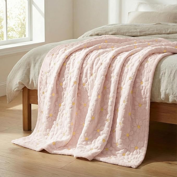 Horaldaily Spring Summer Throw Blanket, Pink Daisy Soft Fuzzy Plush Faux Fur Cozy Blankets for Couch Sofa Bed Lounging, Ideal Gifts for Kids Adults Wife Self, 60x80