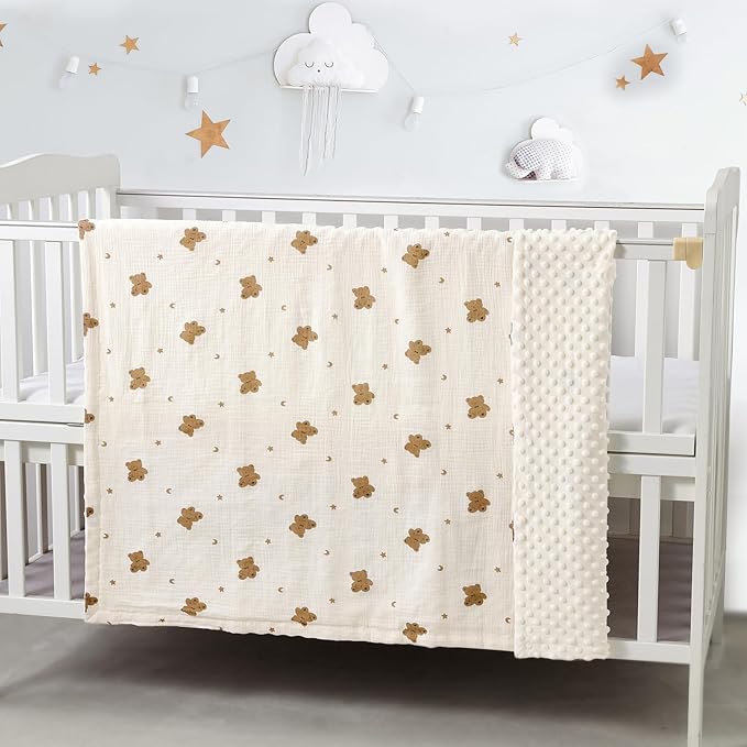 CREVENT 2Pcs 30''X40'' Cute Cozy Fluffy Warm Baby Blankets for Infants Toddlers' Bedding Crib Cot Stroller - Grey Cloud + Muslin Bear