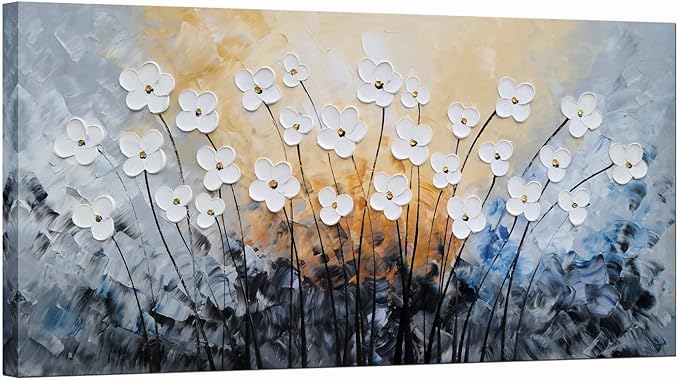 SYGALLERIER White Flower Canvas Wall Art - Hand Painted 3D Oil Paintings - Black Blue Pictures for Living Room Farmhouse Dinning Room Decor