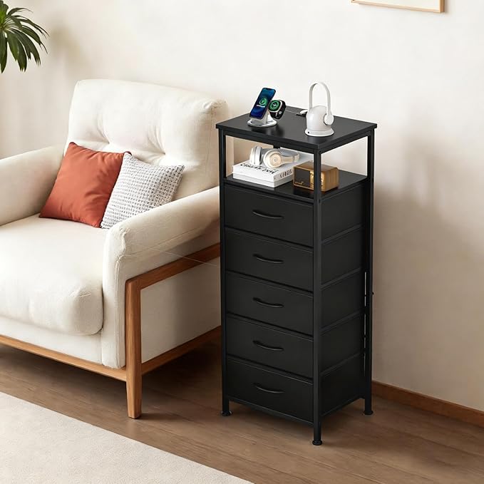 DUMOS Nightstand with Charging Station, Bedside End Table with 5 Fabric Drawers & USB/Type-C Ports and Outlets, Night Stand for Bedroom Furniture, Adjustable Feet and Variable Light Strip, Black