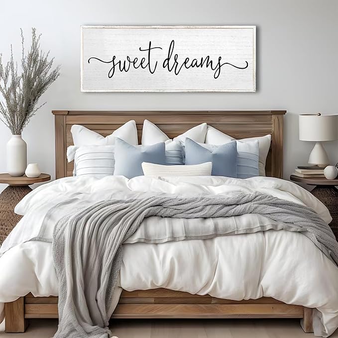 Sweet Dreams Wall Decor Above Bed Sign 24''×10'' Large Wood Framed Master Bedroom Guest Room Sweet Dreams Signs Farmhouse Rustic Wall Art Decoration (White)