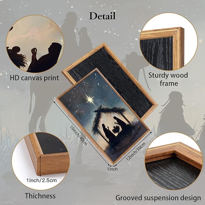 CHDITB Christian Nativity Framed Canvas Wall Art, Bible Joseph Mary And Baby Jesus Wall Decor,Birth of Jesus Scene Painting, Religious Biblical Art Prints For Prayer Room Bedroom 12”X16”x3