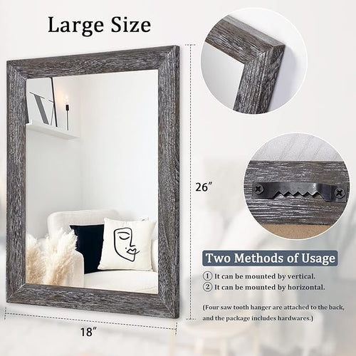AAZZKANG Wall Mirror with Rectangle Wood Frame Large 26"x18" Rustic Decorative Hanging Mirrors for Bedroom Bathroom Living Room Home Office