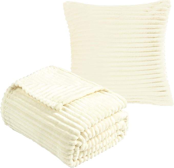 Vessia Flannel Fleece Cream Throw Blanket(50x71 Inch) for Couch with Pillow Cover(18 * 18 Inch), Warm Cozy Soft Striped Pattern Blanket, Microfiber Ivory Ribbed Sofa Throw for All Season